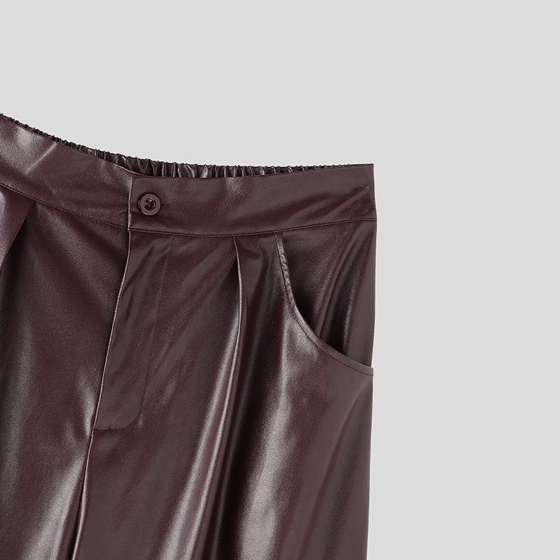 INCERUN Mens Solid Color Leather Wide-Leg Pant Casual Elastic Waist Straight Legged Pants