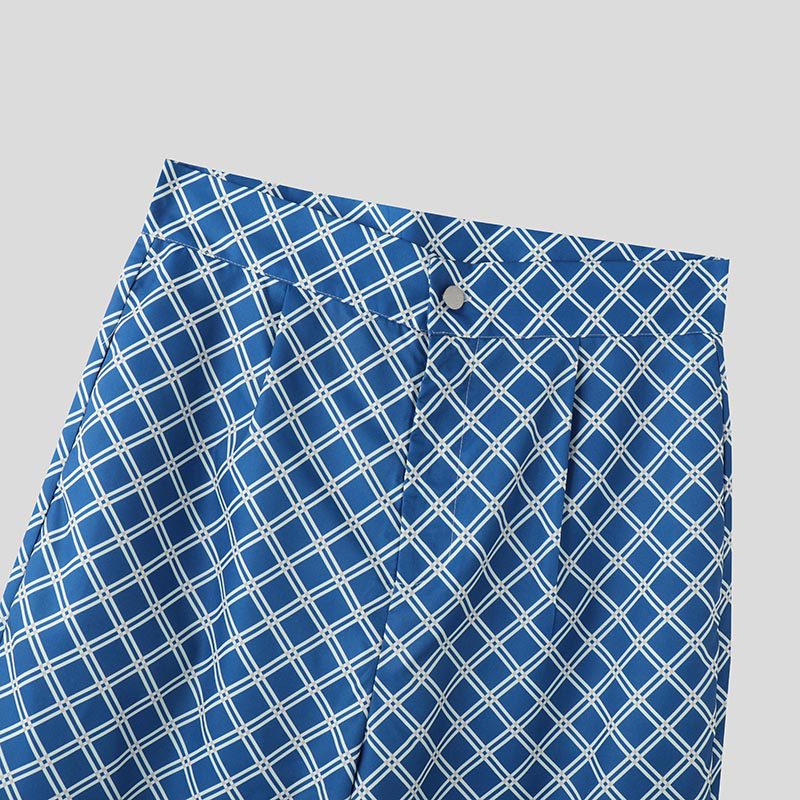 INCERUN Mens Diamond Print High-Waist Pant Fashion Solid Color Loose Fit Straight Trousers with Side Pockets