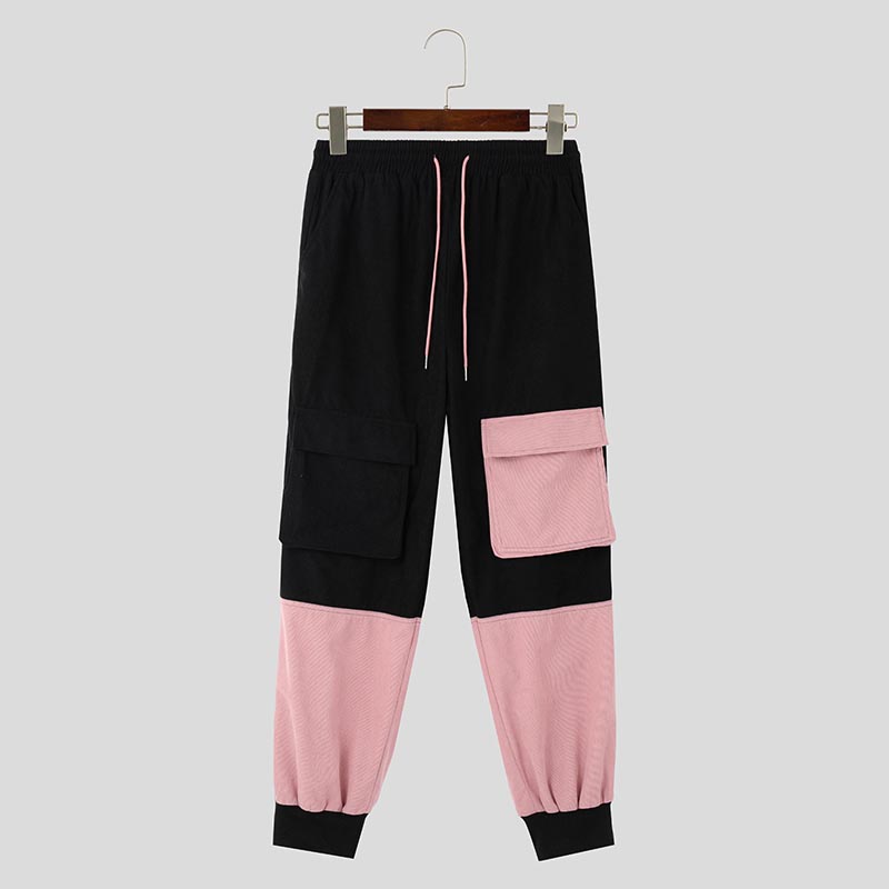 INCERUN Mens Corduroy Contrast Color Patchwork Casual Pant Comfy Casual Harem Pants Drawstring Elastic Waist Trousers for Male Large Size S-5XL