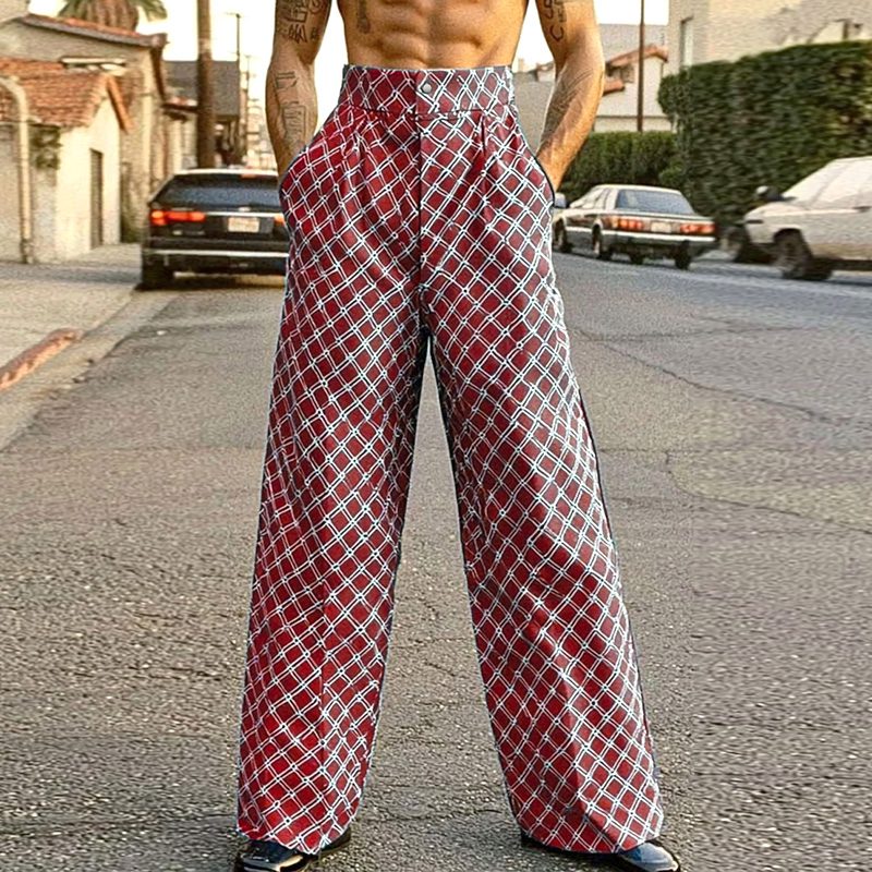 INCERUN Mens Diamond Print High-Waist Pant Fashion Solid Color Loose Fit Straight Trousers with Side Pockets