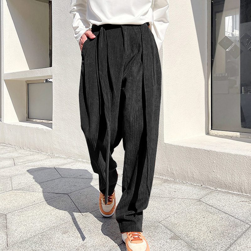 INCERUN Mens Corduroy Textured Loose-Fit Long Pant Fashion Solid Color Peplum Trousers for Men