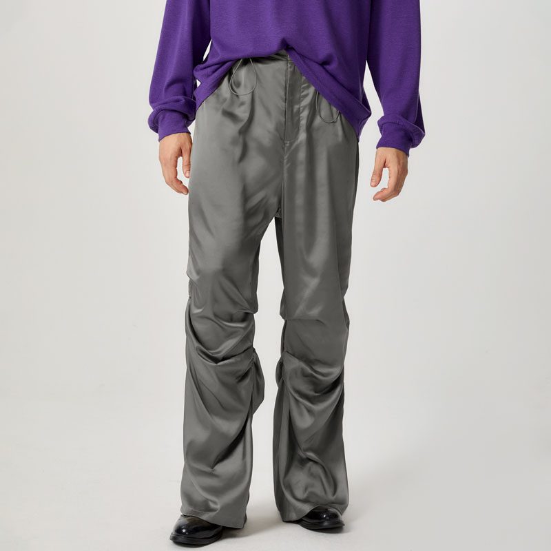 INCERUN Mens Satin Ruched Design Casual Pant Fashion Solid Color Loose Fit Straight Trousers
