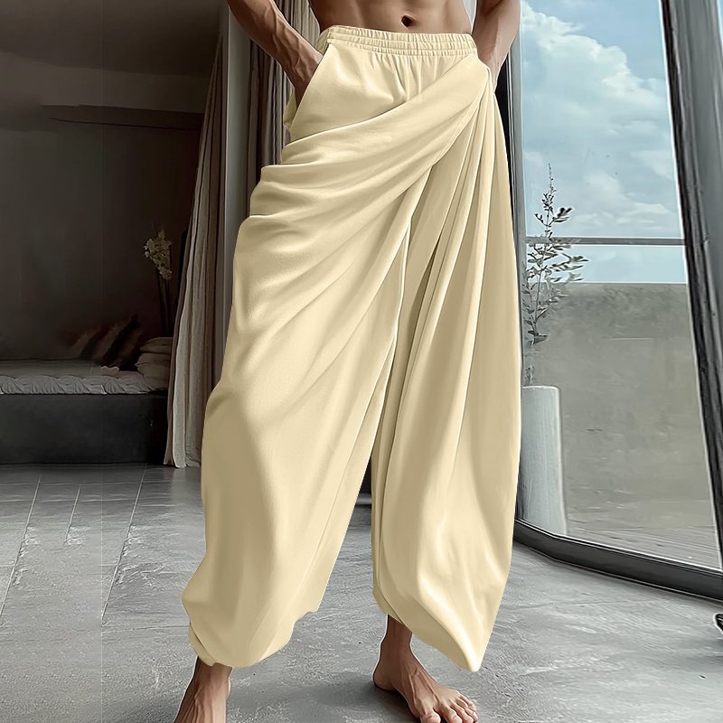 INCERUN Mens Ruffle Design Casual Pant Elastic Waisted Trousers Daily Solid Color Fashion Pants Loose-fitting