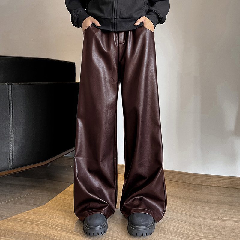 INCERUN Mens Solid Color Leather Wide-Leg Pant Casual Elastic Waist Straight Legged Pants