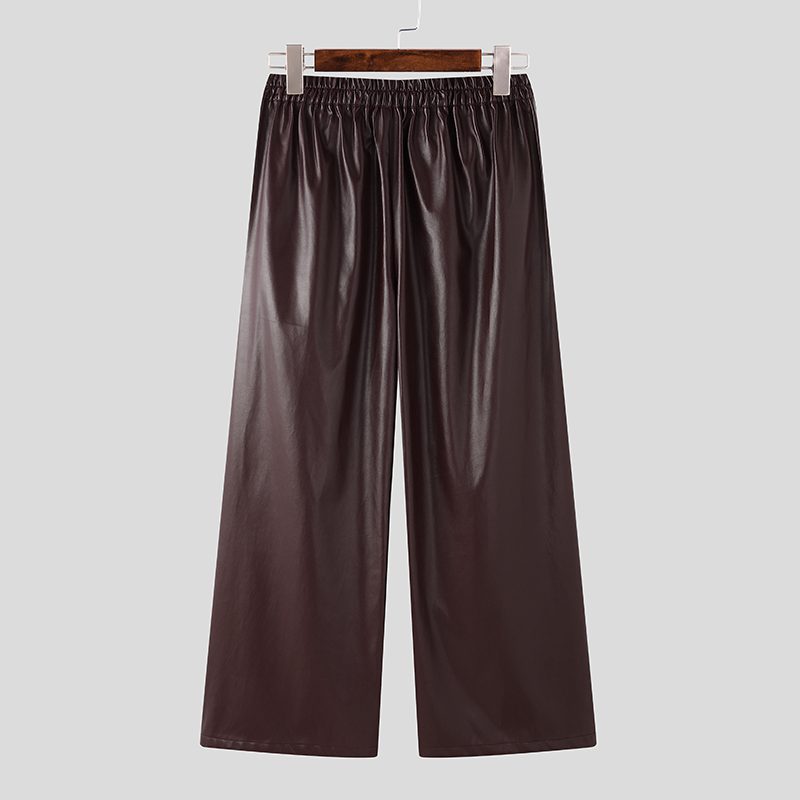 INCERUN Mens Solid Color Leather Wide-Leg Pant Casual Elastic Waist Straight Legged Pants