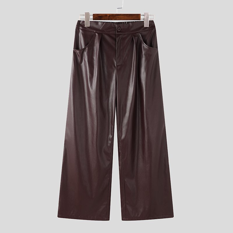 INCERUN Mens Solid Color Leather Wide-Leg Pant Casual Elastic Waist Straight Legged Pants