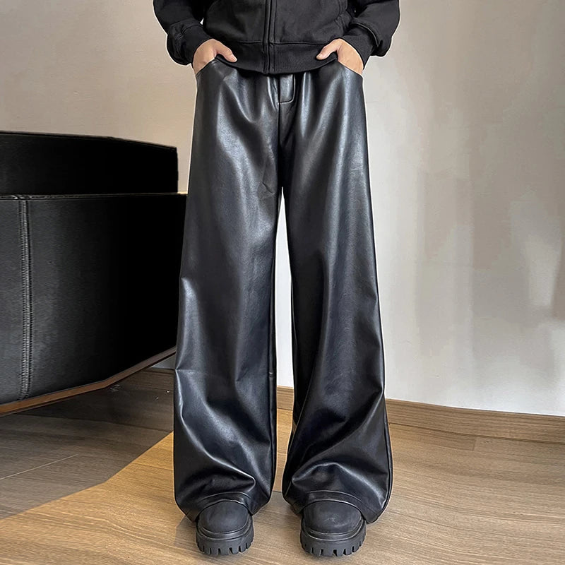INCERUN Mens Solid Color Leather Wide-Leg Pant Casual Elastic Waist Straight Legged Pants