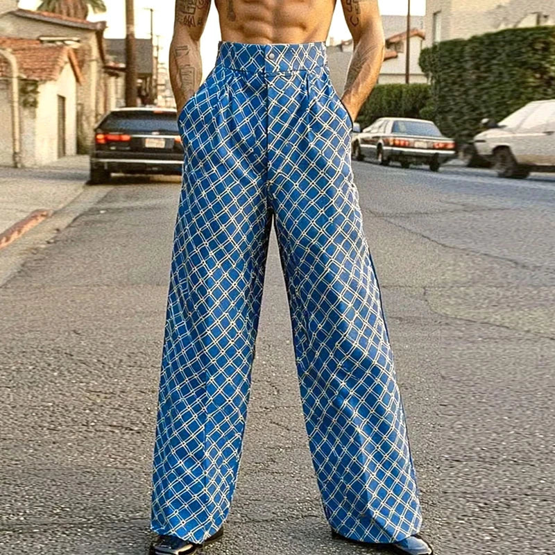 INCERUN Mens Diamond Print High-Waist Pant Fashion Solid Color Loose Fit Straight Trousers with Side Pockets