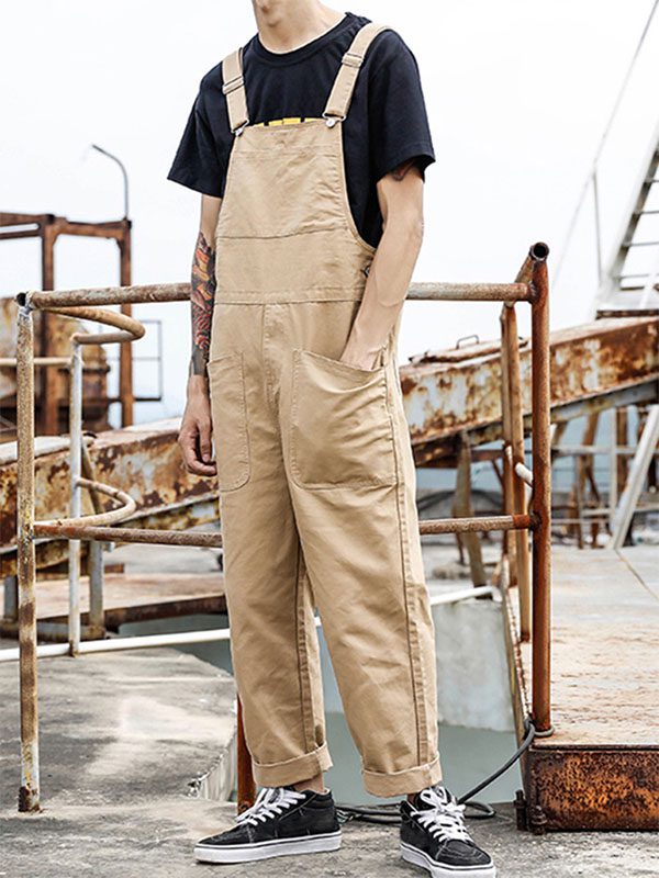 INCERUN Men Bib Pants Solid Color Jumpsuits Multi Pockets Casual Suspenders Cargo Overalls Fashion Men Jumpsuit S-5XL