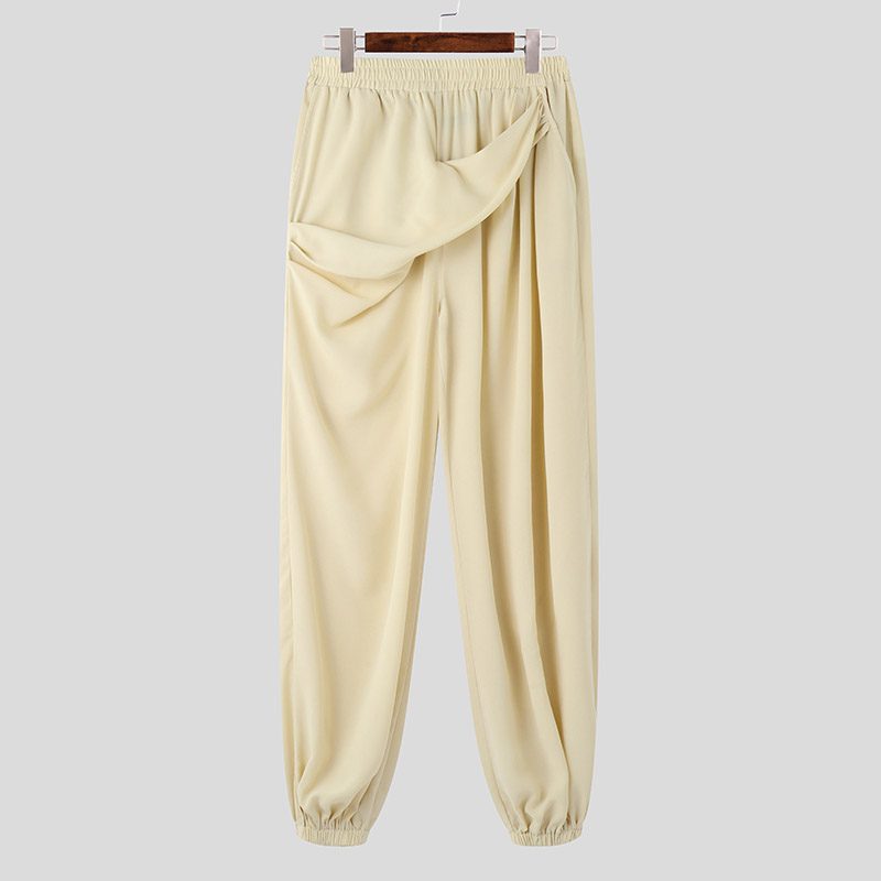 INCERUN Mens Ruffle Design Casual Pant Elastic Waisted Trousers Daily Solid Color Fashion Pants Loose-fitting