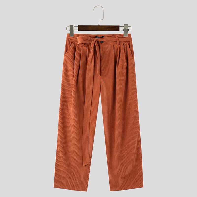 INCERUN Mens Corduroy Textured Loose-Fit Long Pant Fashion Solid Color Peplum Trousers for Men