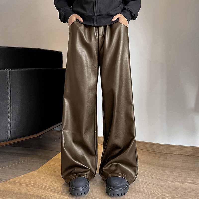 INCERUN Mens Solid Color Leather Wide-Leg Pant Casual Elastic Waist Straight Legged Pants