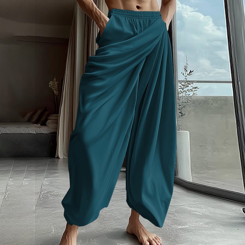 INCERUN Mens Ruffle Design Casual Pant Elastic Waisted Trousers Daily Solid Color Fashion Pants Loose-fitting