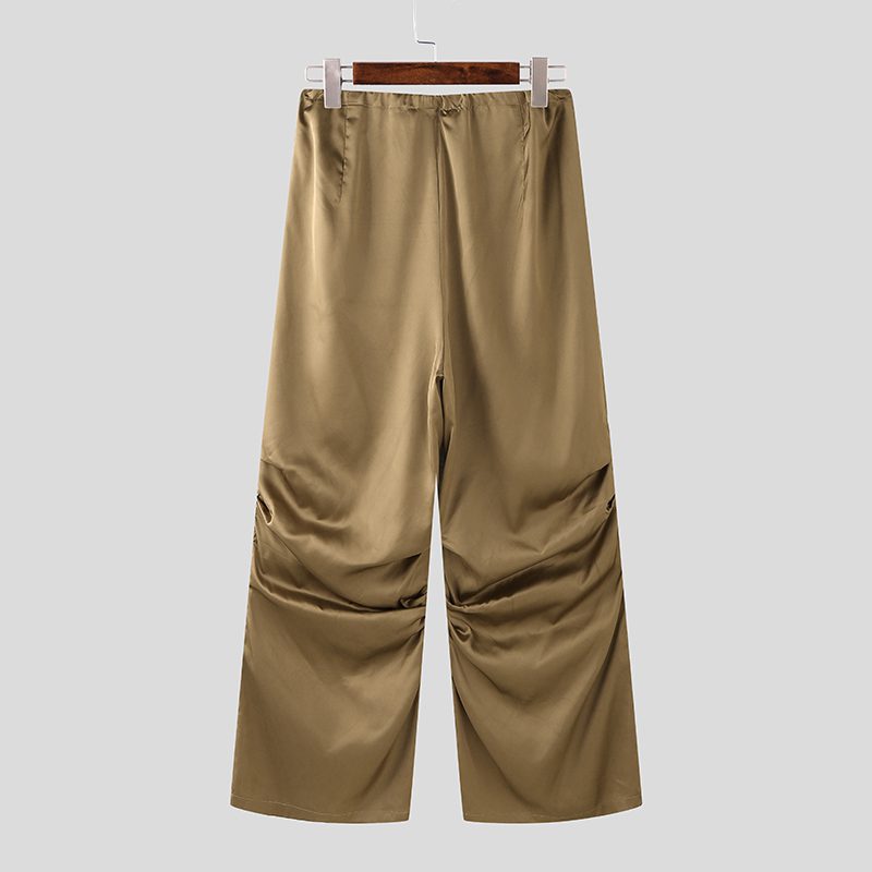 INCERUN Mens Satin Ruched Design Casual Pant Fashion Solid Color Loose Fit Straight Trousers