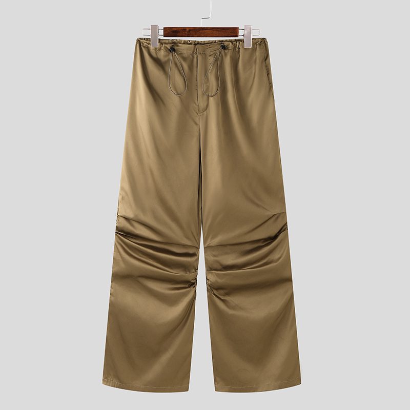 INCERUN Mens Satin Ruched Design Casual Pant Fashion Solid Color Loose Fit Straight Trousers