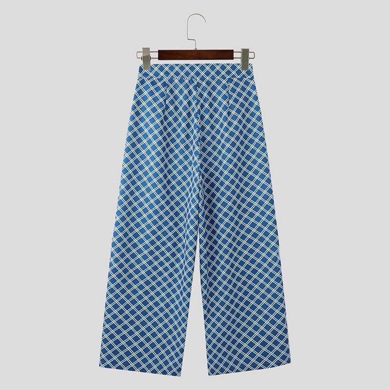 INCERUN Mens Diamond Print High-Waist Pant Fashion Solid Color Loose Fit Straight Trousers with Side Pockets