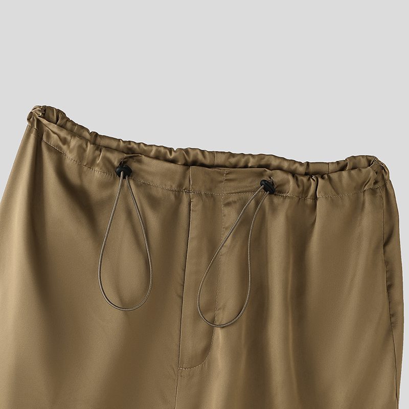 INCERUN Mens Satin Ruched Design Casual Pant Fashion Solid Color Loose Fit Straight Trousers