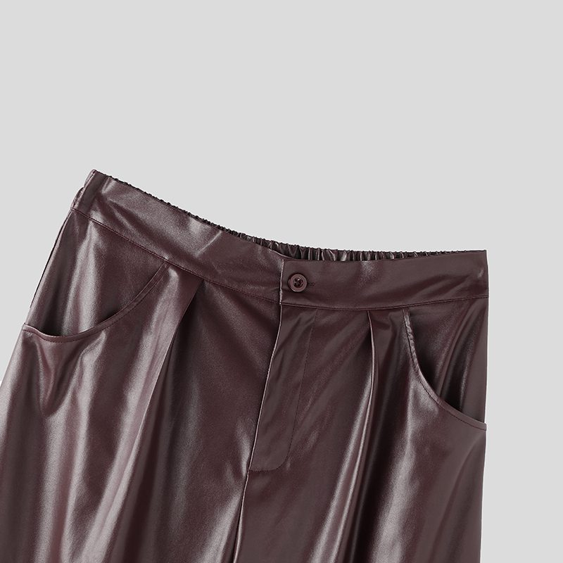 INCERUN Mens Solid Color Leather Wide-Leg Pant Casual Elastic Waist Straight Legged Pants