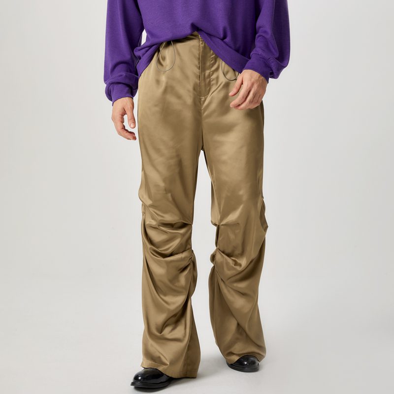 INCERUN Mens Satin Ruched Design Casual Pant Fashion Solid Color Loose Fit Straight Trousers