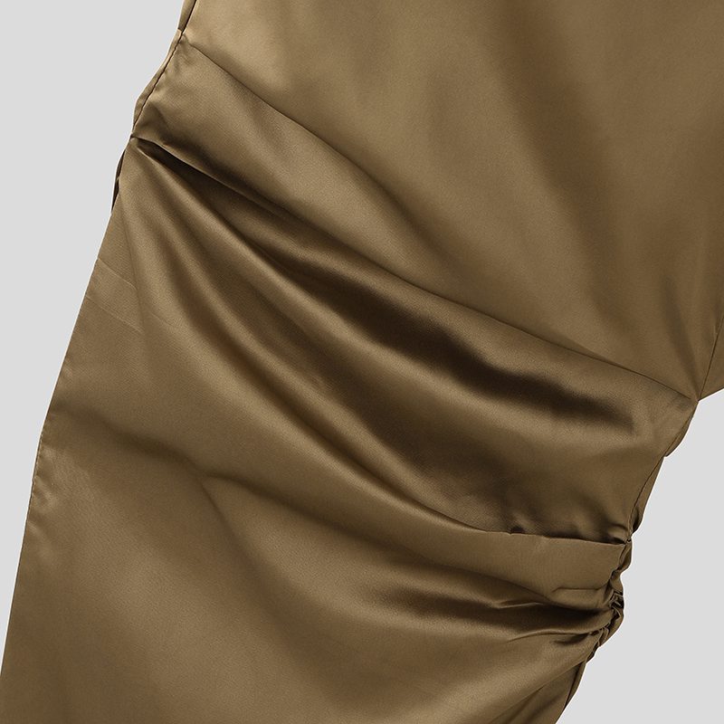 INCERUN Mens Satin Ruched Design Casual Pant Fashion Solid Color Loose Fit Straight Trousers